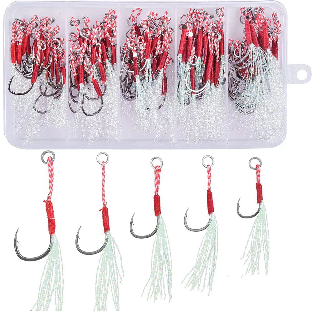 (Pack of 100) /box Cast Jig Assist Hook Slow Jigging lure Bass Fishing Hooks Barbed Hook Tying Up Fishhook With Feather sea fishing hook