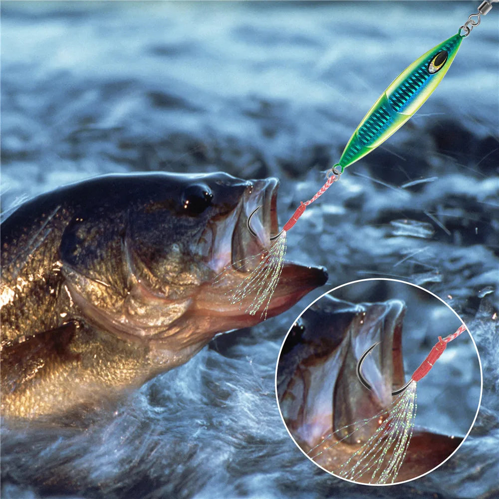 (Pack of 100) /box Cast Jig Assist Hook Slow Jigging lure Bass Fishing Hooks Barbed Hook Tying Up Fishhook With Feather sea fishing hook