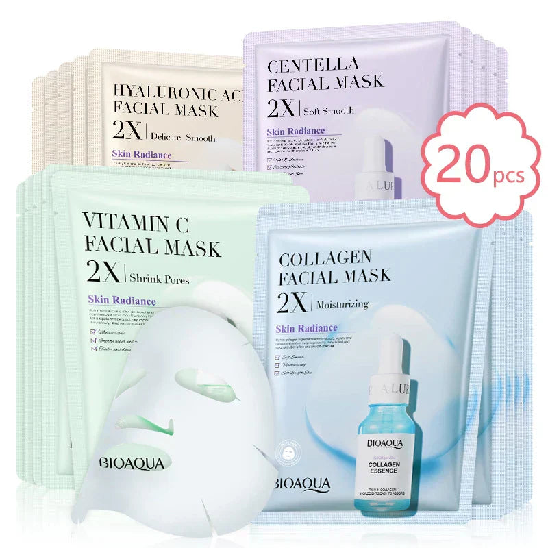 (Pack of 20) BIOAQUA Centella Collagen Face Mask VC Moisturizing Refreshing Sheet Masks Hyaluronic Acid Facial Mask Skin Care Products