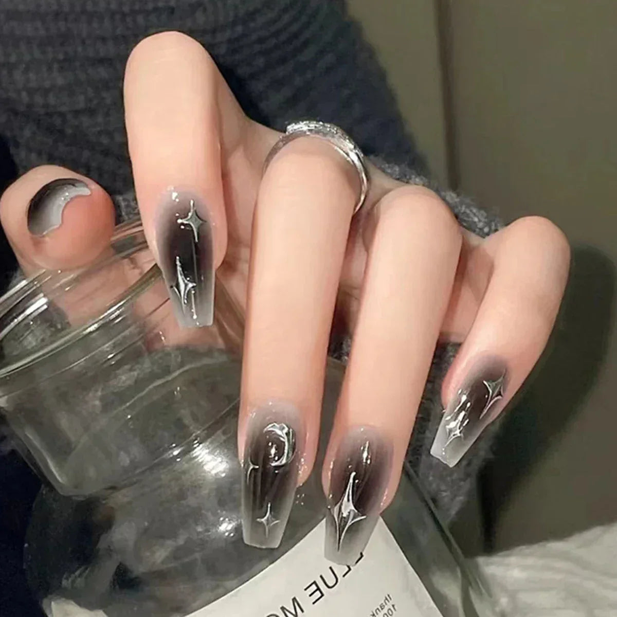 (Pack of 24) /box Fake French y2k Nails Press On Long Stiletto Almond Shape Wearable False Nails With Stars Designs Full Cover Nail Tips