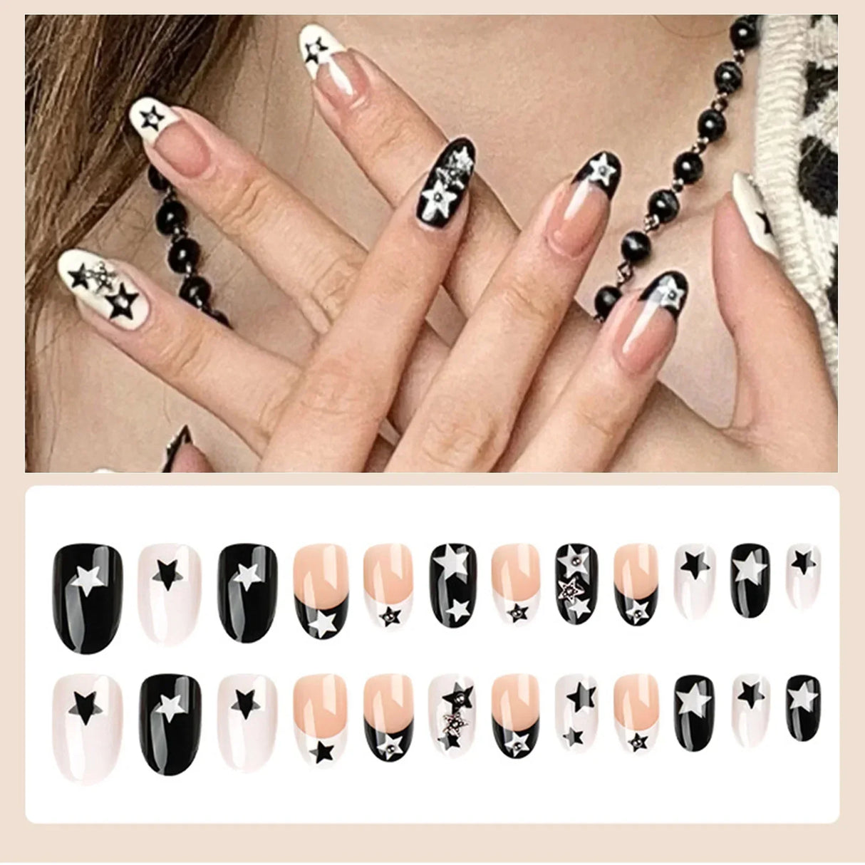 (Pack of 24) /box Fake French y2k Nails Press On Long Stiletto Almond Shape Wearable False Nails With Stars Designs Full Cover Nail Tips