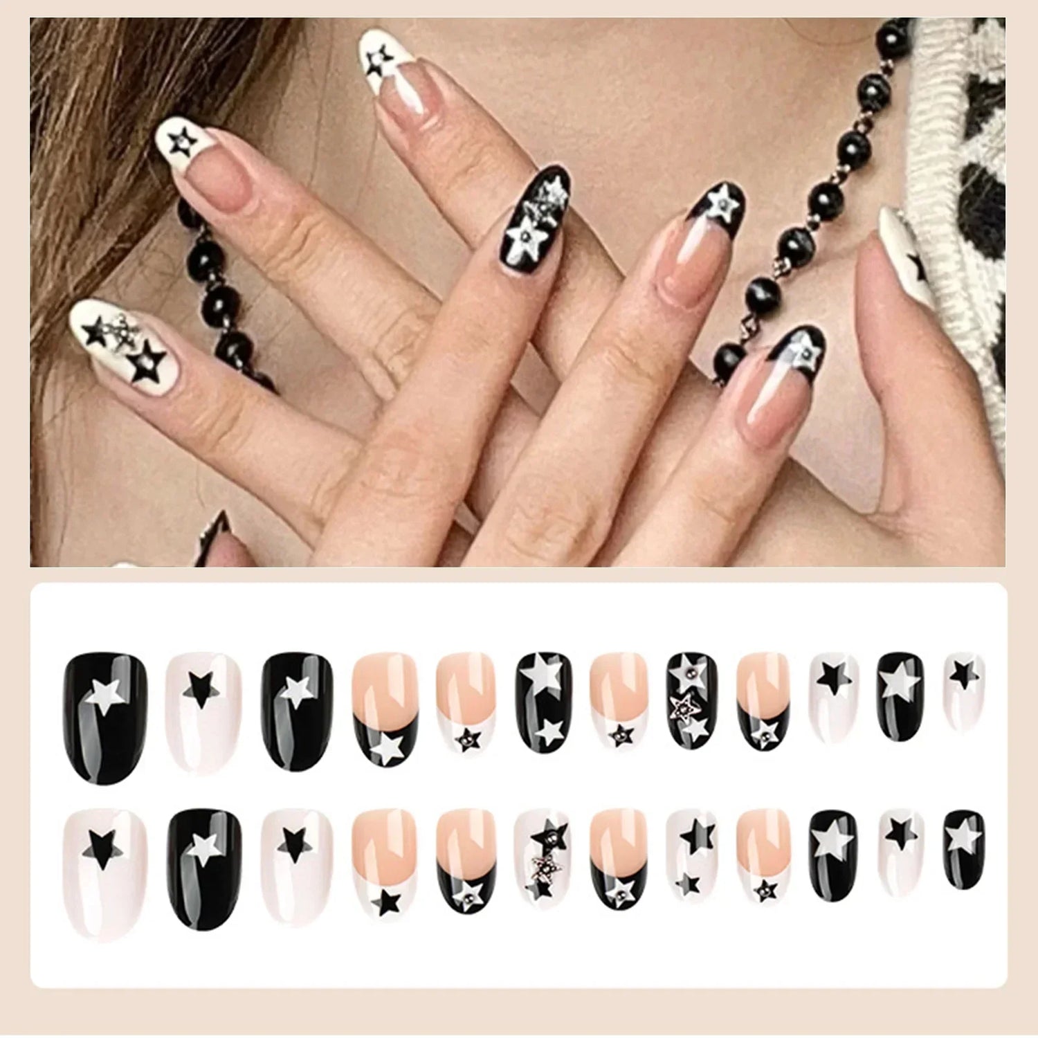 (Pack of 24) /box Fake French y2k Nails Press On Long Stiletto Almond Shape Wearable False Nails With Stars Designs Full Cover Nail Tips