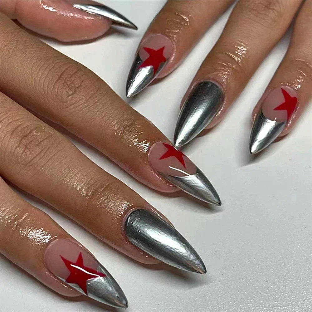 (Pack of 24) /box Fake French y2k Nails Press On Long Stiletto Almond Shape Wearable False Nails With Stars Designs Full Cover Nail Tips