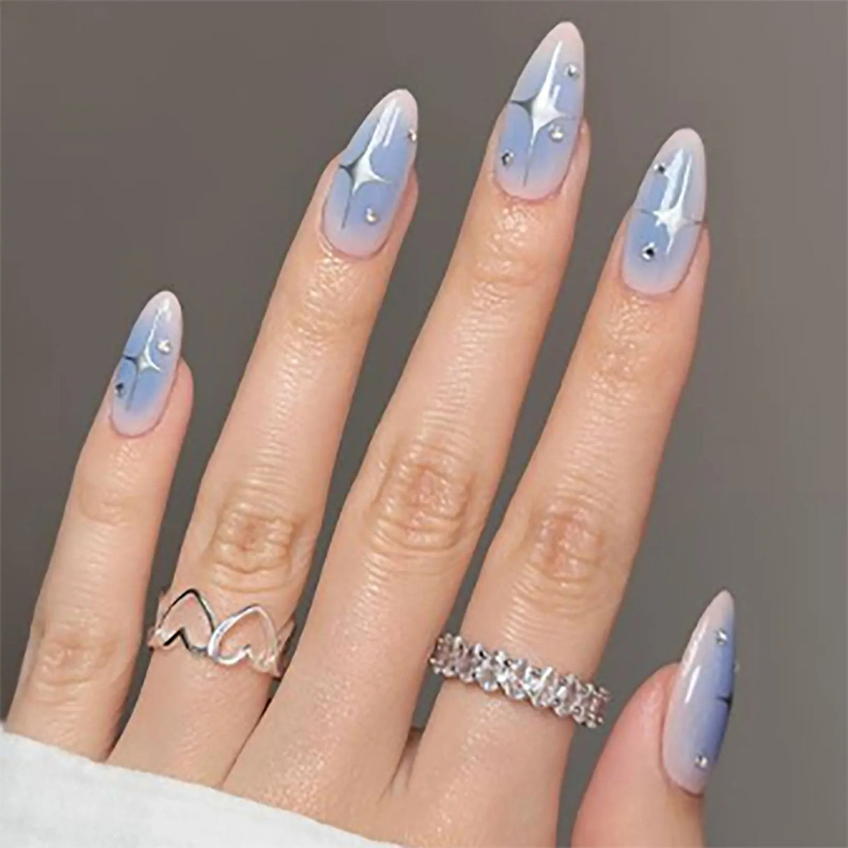 (Pack of 24) /box Fake French y2k Nails Press On Long Stiletto Almond Shape Wearable False Nails With Stars Designs Full Cover Nail Tips