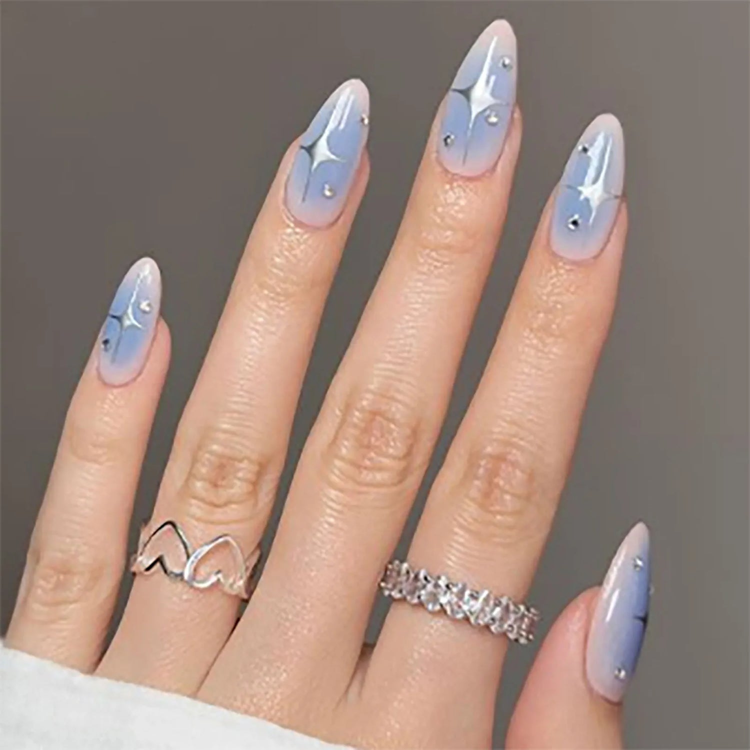 (Pack of 24) /box Fake French y2k Nails Press On Long Stiletto Almond Shape Wearable False Nails With Stars Designs Full Cover Nail Tips