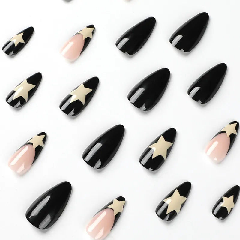 (Pack of 24) /box Fake French y2k Nails Press On Long Stiletto Almond Shape Wearable False Nails With Stars Designs Full Cover Nail Tips