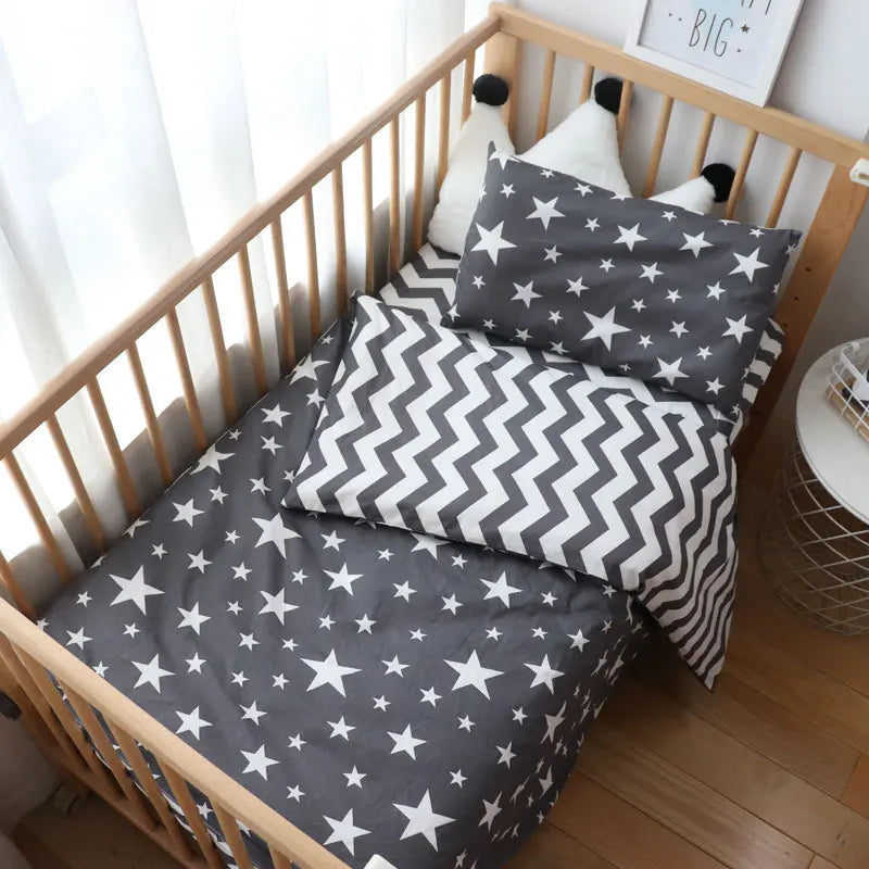 (Pack of 3) Baby Bedding Set For Newborns Star Pattern Kid Bed Linen For Boy Pure Cotton Woven Crib Bedding Duvet Cover Pillocase Sheet