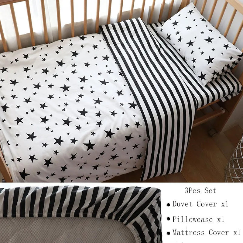 (Pack of 3) Baby Bedding Set For Newborns Star Pattern Kid Bed Linen For Boy Pure Cotton Woven Crib Bedding Duvet Cover Pillocase Sheet
