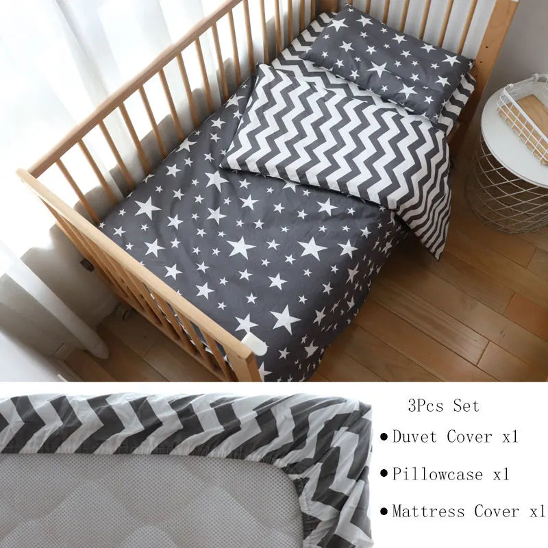 (Pack of 3) Baby Bedding Set For Newborns Star Pattern Kid Bed Linen For Boy Pure Cotton Woven Crib Bedding Duvet Cover Pillocase Sheet