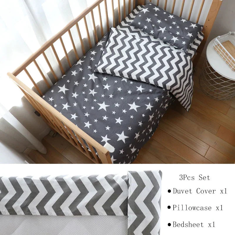 (Pack of 3) Baby Bedding Set For Newborns Star Pattern Kid Bed Linen For Boy Pure Cotton Woven Crib Bedding Duvet Cover Pillocase Sheet
