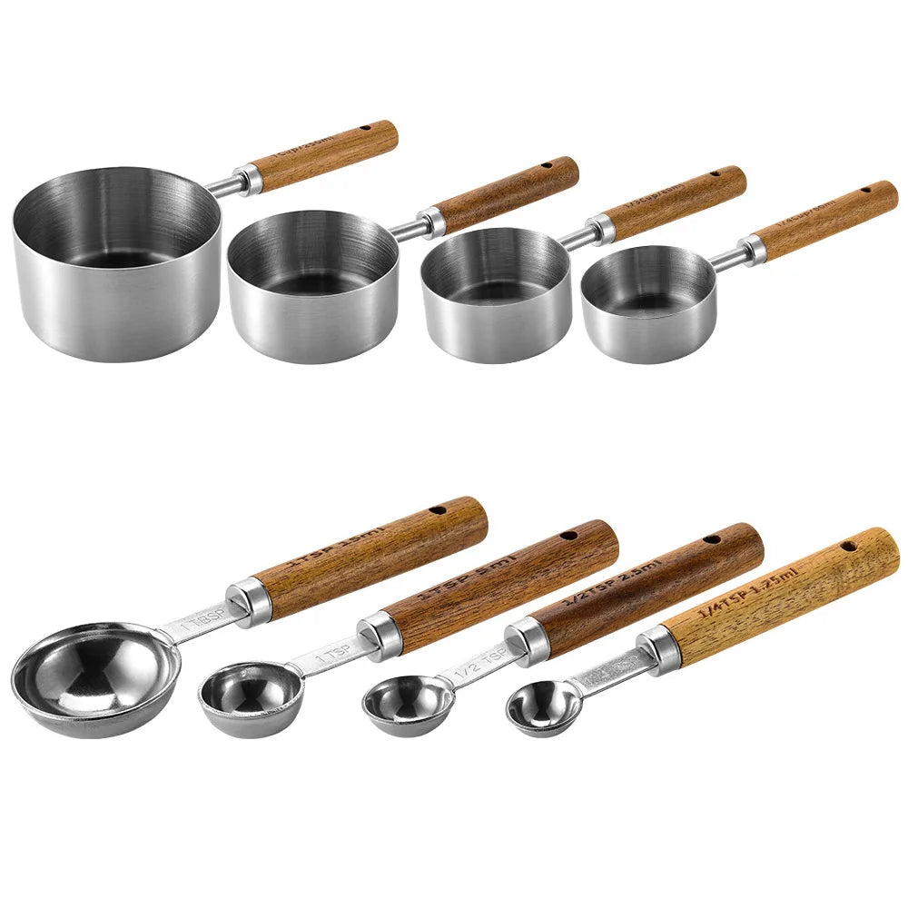(Pack of 8) 4/ Kitchen Baking Tools Bakeware Measuring Tools & Scales Set Stainless Steel Measuring Cups and Spoons With Wooden Handle