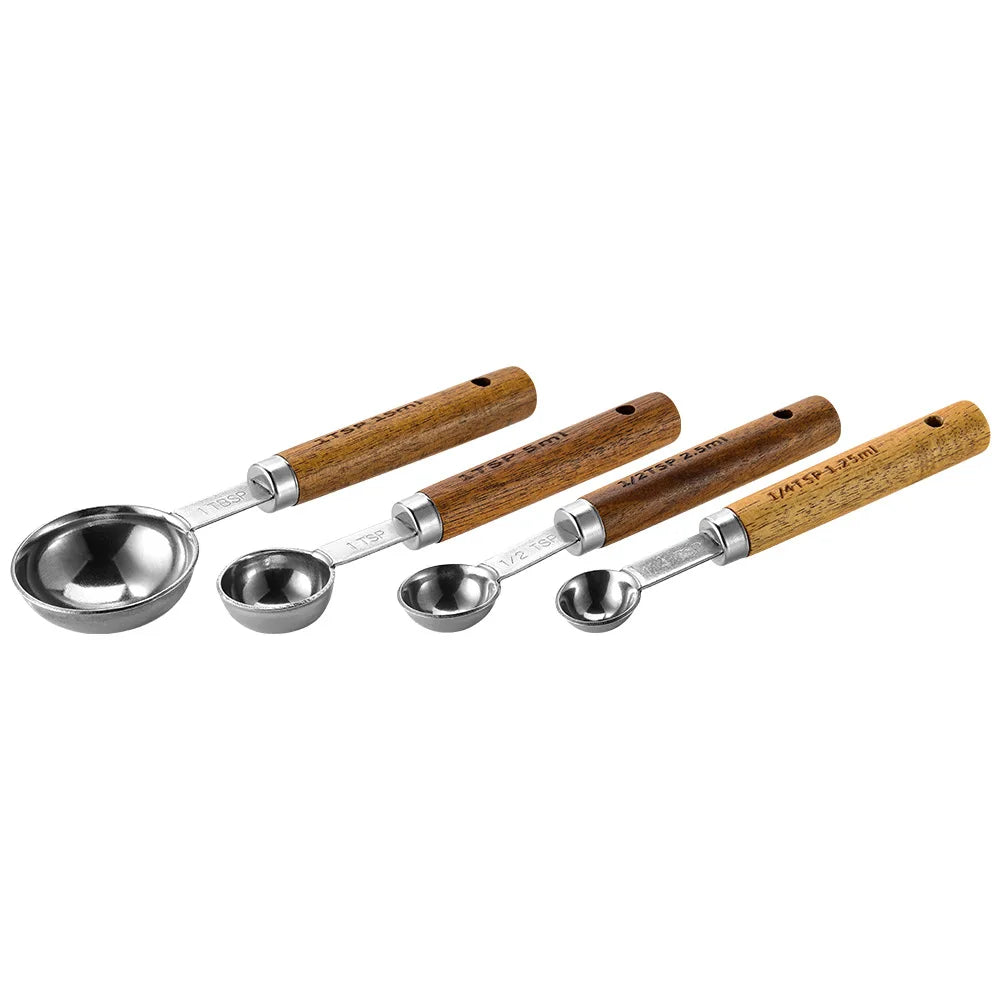 (Pack of 8) 4/ Kitchen Baking Tools Bakeware Measuring Tools & Scales Set Stainless Steel Measuring Cups and Spoons With Wooden Handle