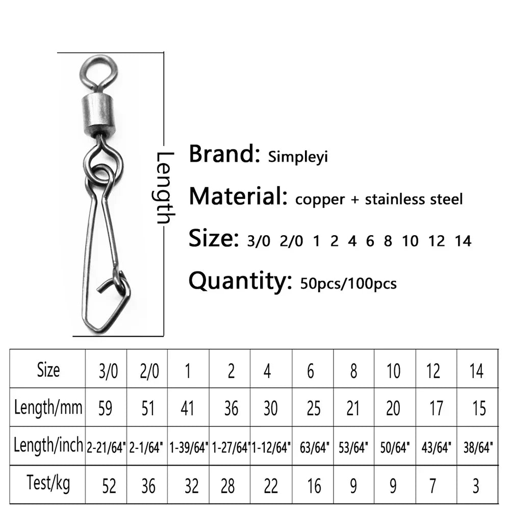(Pack of 100) 50/ Fishing Connector 3/0#-14# Barrel Swivels Snap Rolling Swivel For Fishhook Link Fishing Lure Tackle Accessories