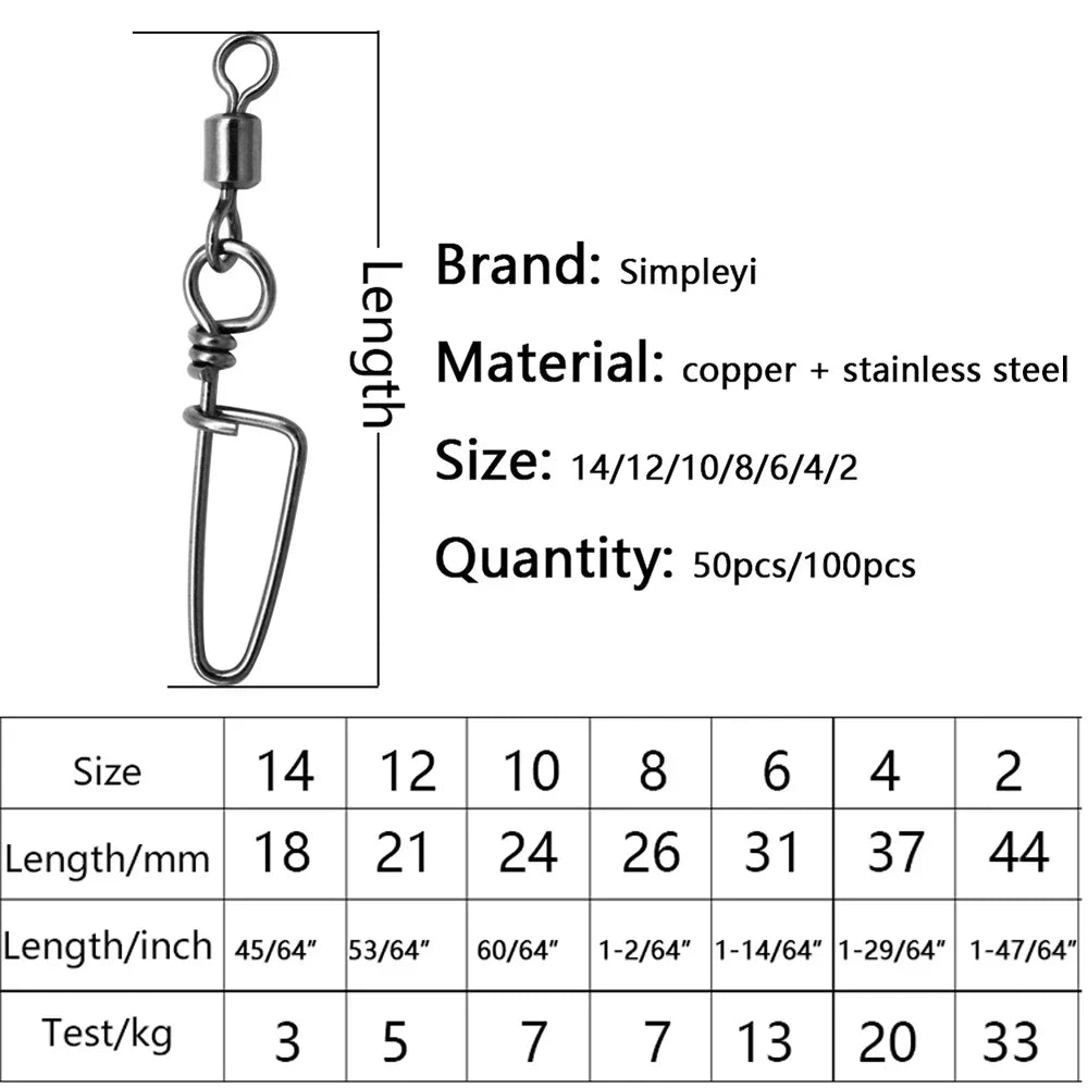 (Pack of 100) 50-/ 1box Fishing Connector Swivels Interlock Pin Rolling Swivel With Hooked Snap For Fishhook Lure Fishing Accessories