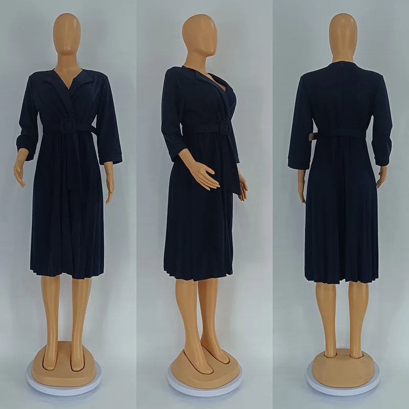 African Pleated Dresses for Women Summer Elegant African Half Sleeve V-neck Polyester Solid Color Dress Dashiki African Clothes