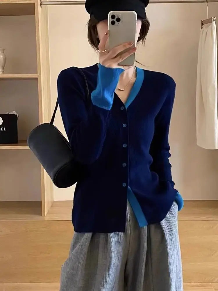 Autumn Knit Cardigan Girls Patchwork Long Sleeve Sweater Shirts Woman Contrast Color Knitted Tops