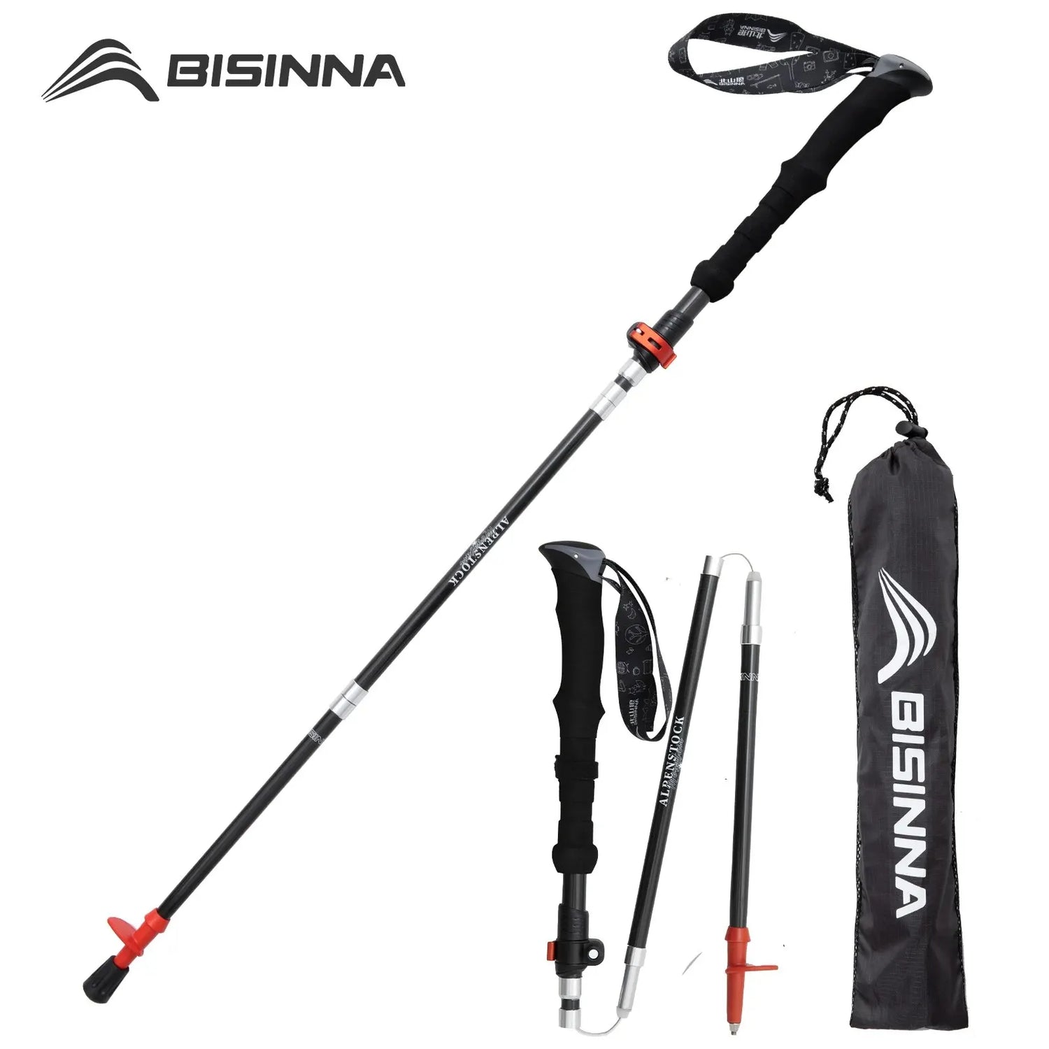 (Pack of 1) BISINNA / Folding Trekking Poles Carbon Fiber Collapsible Telescopic Sticks Lightweight Walking Stick Hiking Climbing