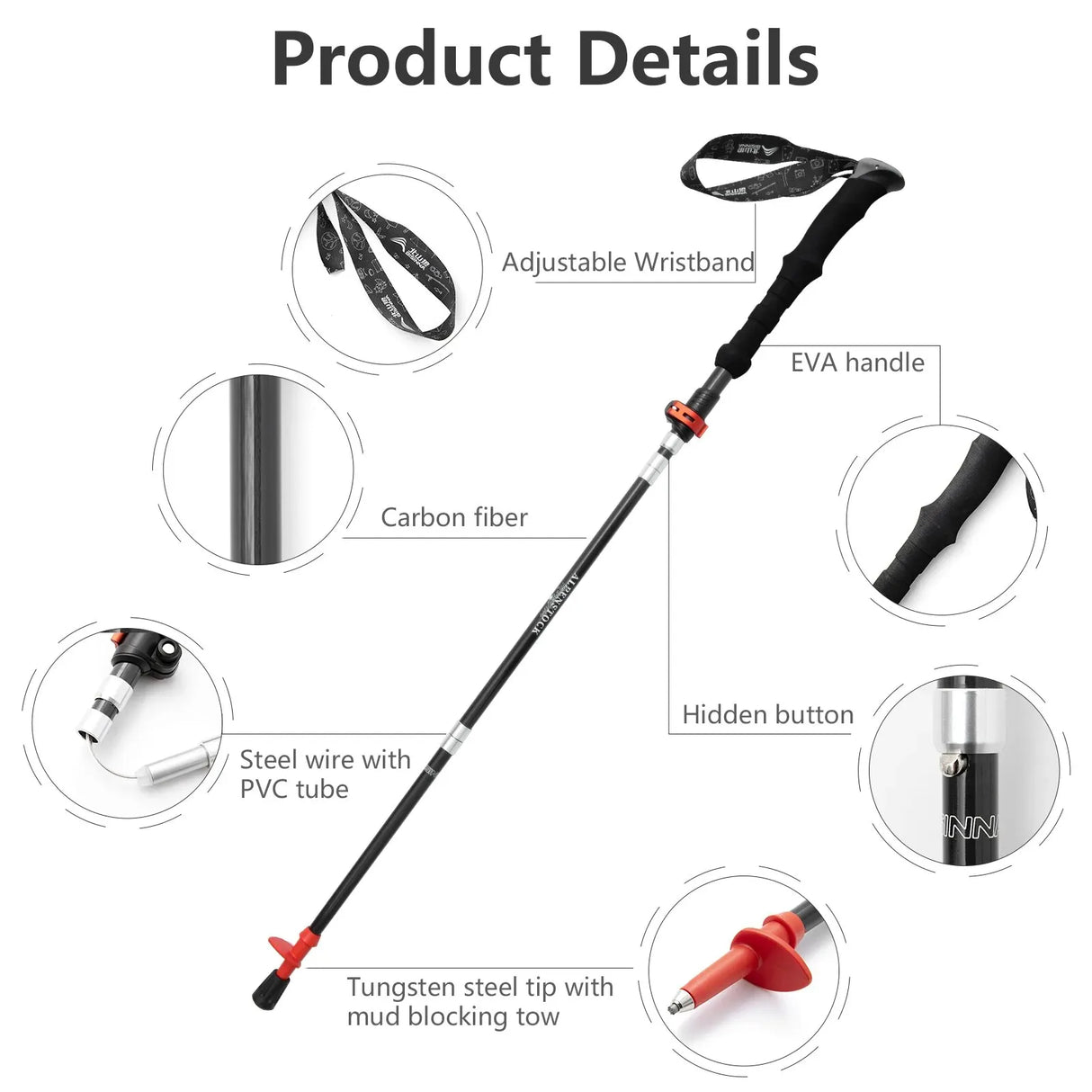 (Pack of 1) BISINNA / Folding Trekking Poles Carbon Fiber Collapsible Telescopic Sticks Lightweight Walking Stick Hiking Climbing