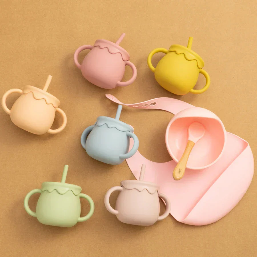 Cartoon Cute Silicone Straw Cup Children's Drinking Cup Snack Cup 2-in-1 Food Storage Box with Handle Feeding Water Cup BPA Free