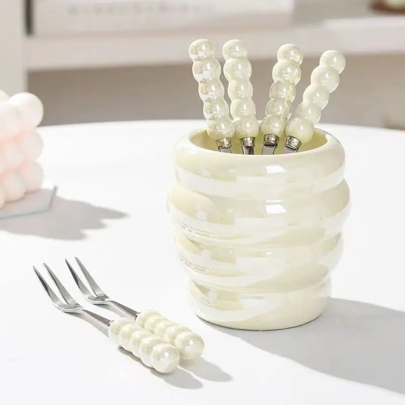 Ceramic Fruit Fork Organizer Desktop Kitchen Storage Stainless Steel Salad Fork Table Props Lunch Children Home Table Accessorie