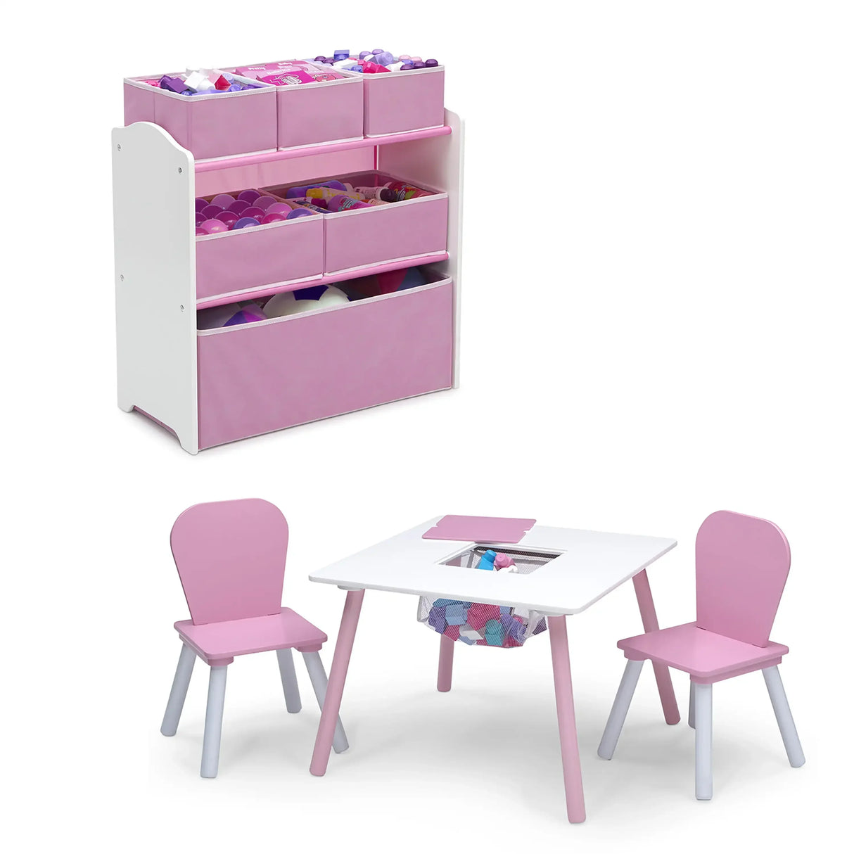 Delta Children 4-Piece Toddler Playroom Set, Pink/White school desk and chair kid table and chair