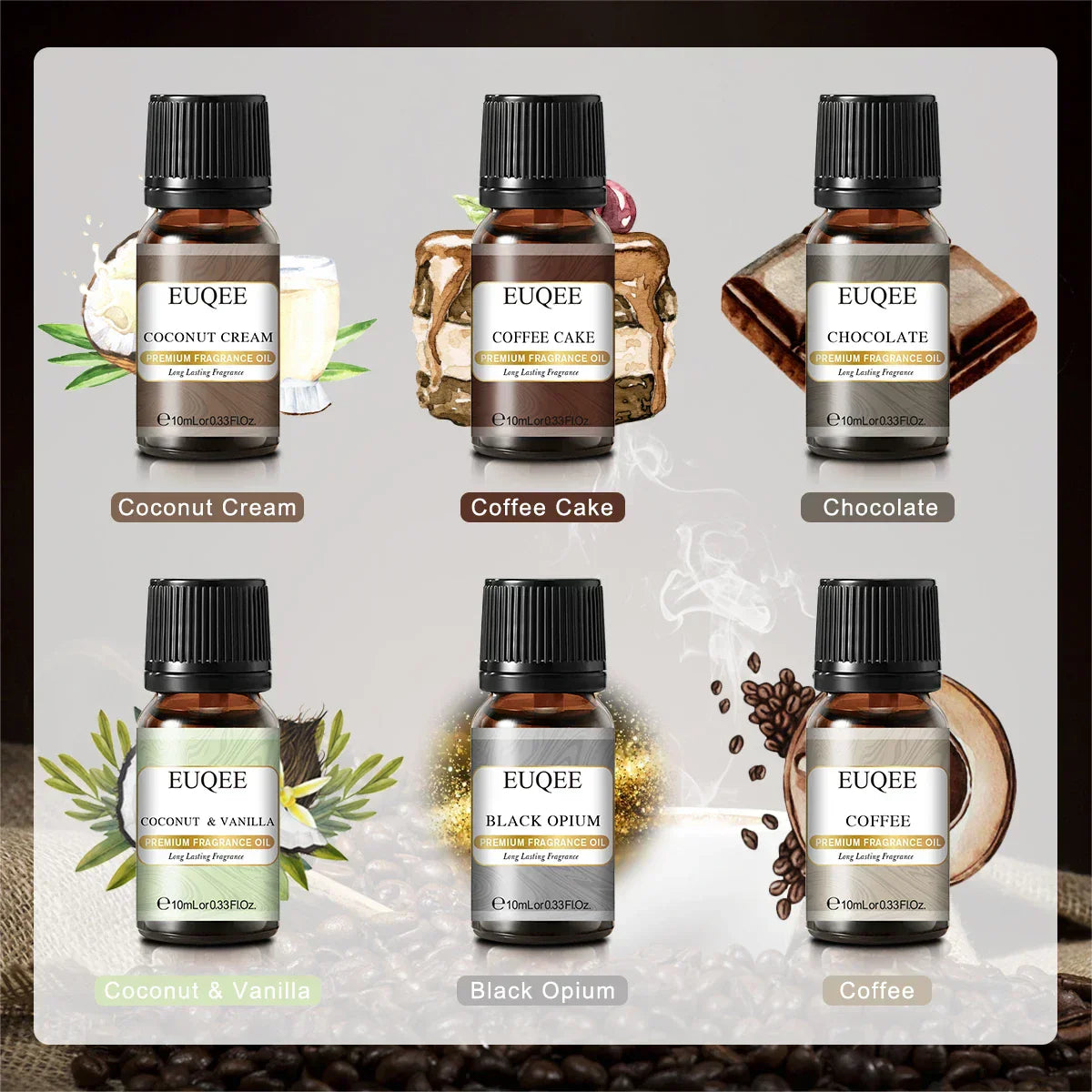 (Pack of 6) EUQEE /set Fragrance Oil Gift Kit For Diffuser Coffee Bakery Harvest Spice Pumpkin Pie Forest Pine Sweet Fruit Aroma Oils