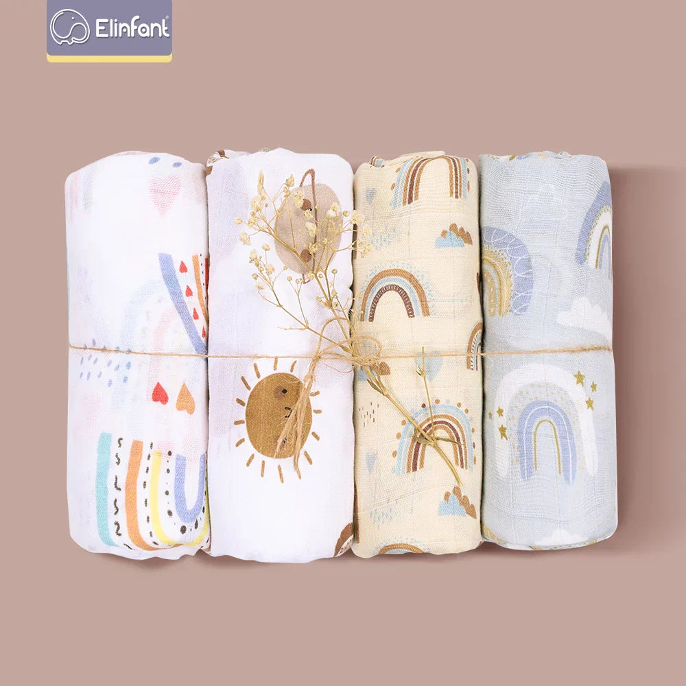 (Pack of 4) Elinfant Rainbow Color 100% Cotton Gift Set Popular Muslin Swaddle Blankets Bamboo Cotton Newborn Baby Bath Towel Wrap