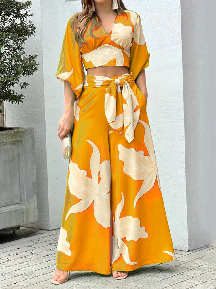 Floral Print V-neck Lace Up Suit High Waist Wide Leg Pants And Lantern Sleeve V-neck Top Set Women's Clothing