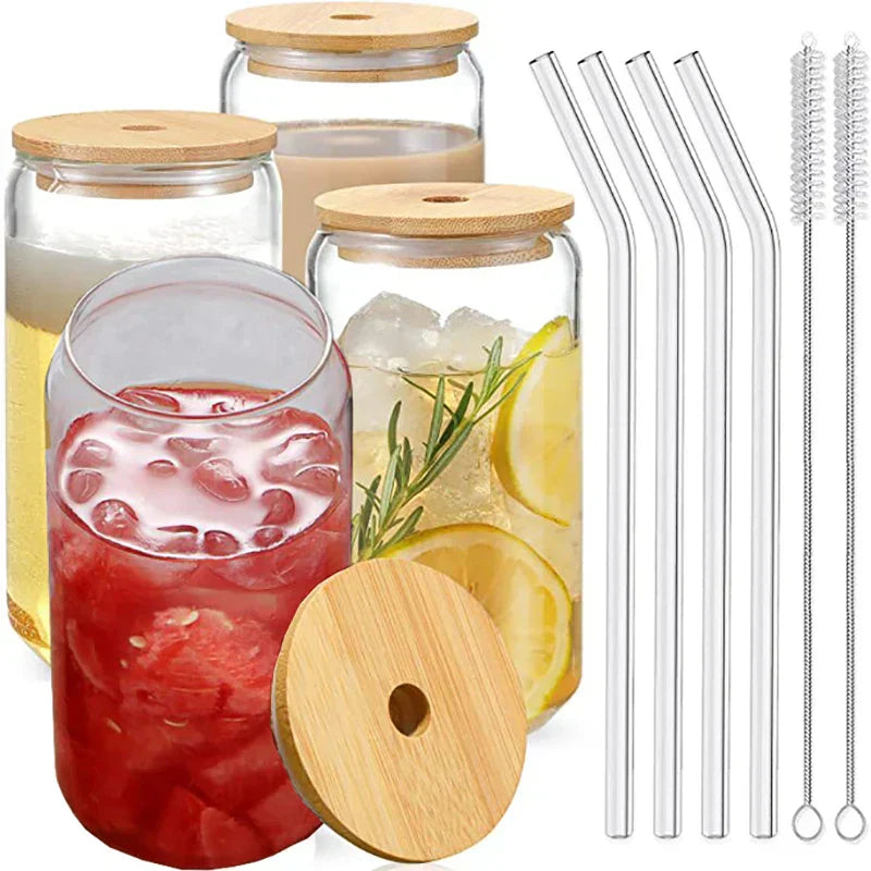 (Pack of 6) Glass Cup Bamboo Lid Bubble Tea Transparent Cold Drinking Coffee Mug Wine Milk Tea Cup Glass Straw Drinkware Durable 4/