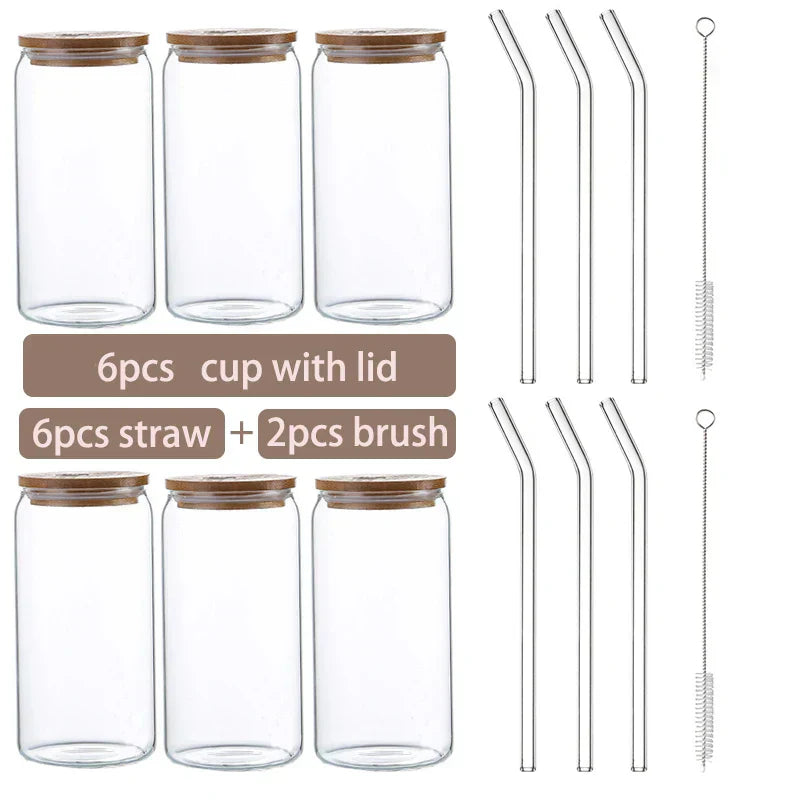 (Pack of 6) Glass Cup Bamboo Lid Bubble Tea Transparent Cold Drinking Coffee Mug Wine Milk Tea Cup Glass Straw Drinkware Durable 4/
