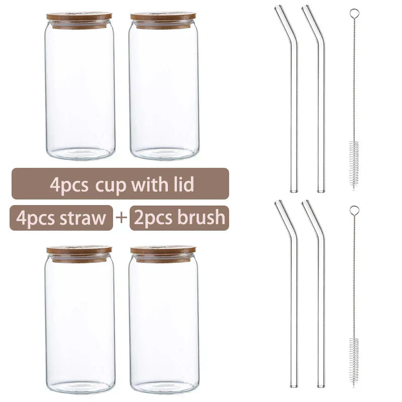 (Pack of 6) Glass Cup Bamboo Lid Bubble Tea Transparent Cold Drinking Coffee Mug Wine Milk Tea Cup Glass Straw Drinkware Durable 4/