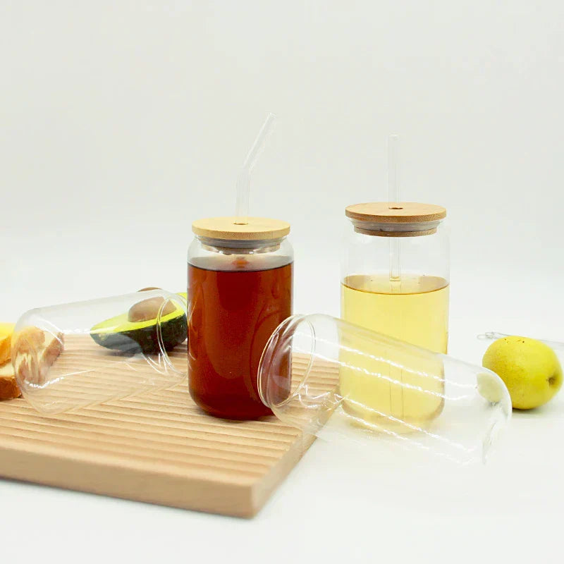 (Pack of 6) Glass Cup Bamboo Lid Bubble Tea Transparent Cold Drinking Coffee Mug Wine Milk Tea Cup Glass Straw Drinkware Durable 4/