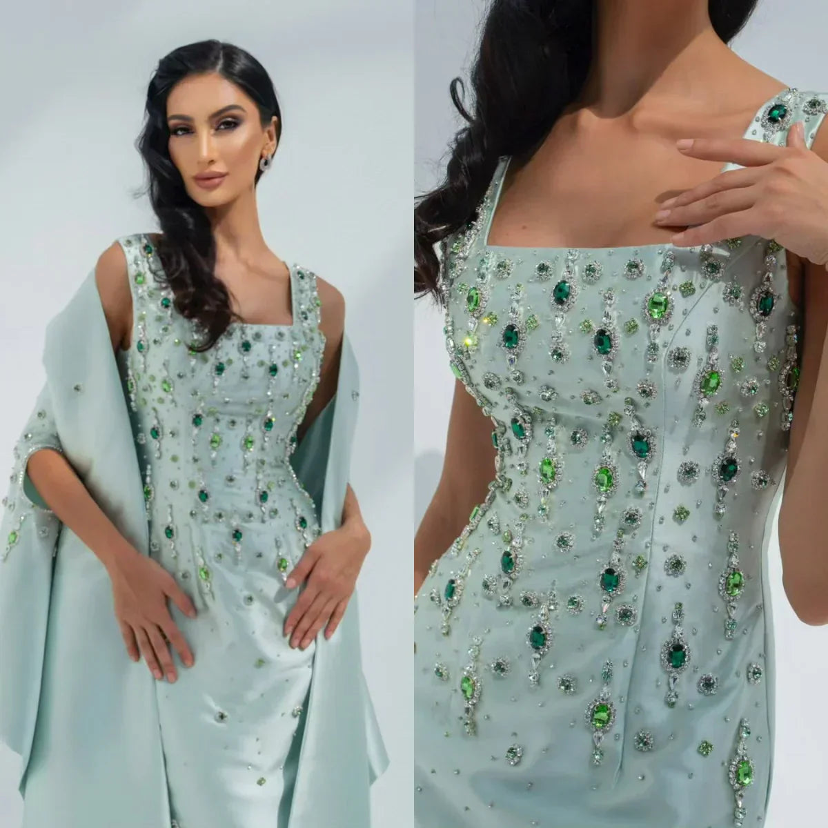 Green Crystal Handbeading Prom Dresses 2-Piece Jacket Back Split Arabia Luxury Evening Dress Formal Wedding Party Gowns