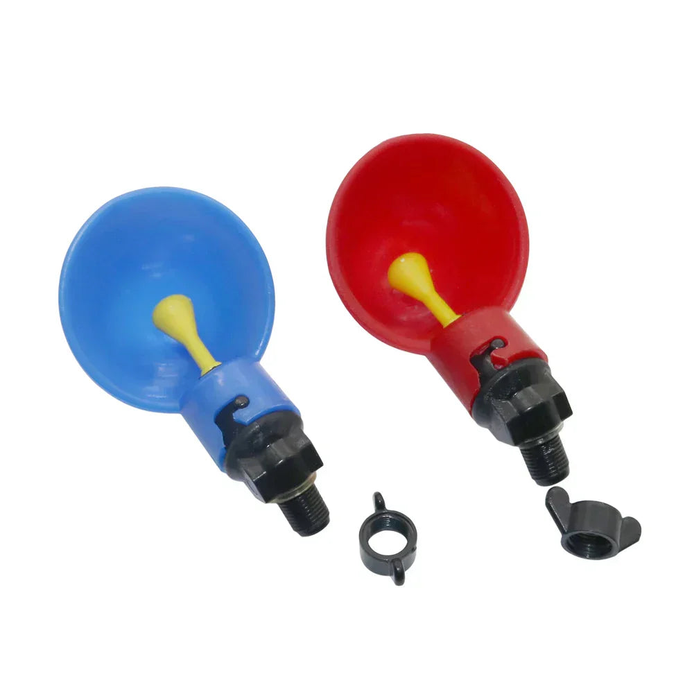 (Pack of 100) Red/Blue Automatic Chicken Drinking Fountains with Screws Poultry Drinking Cups Farm Animal Feeding Watering Supplies