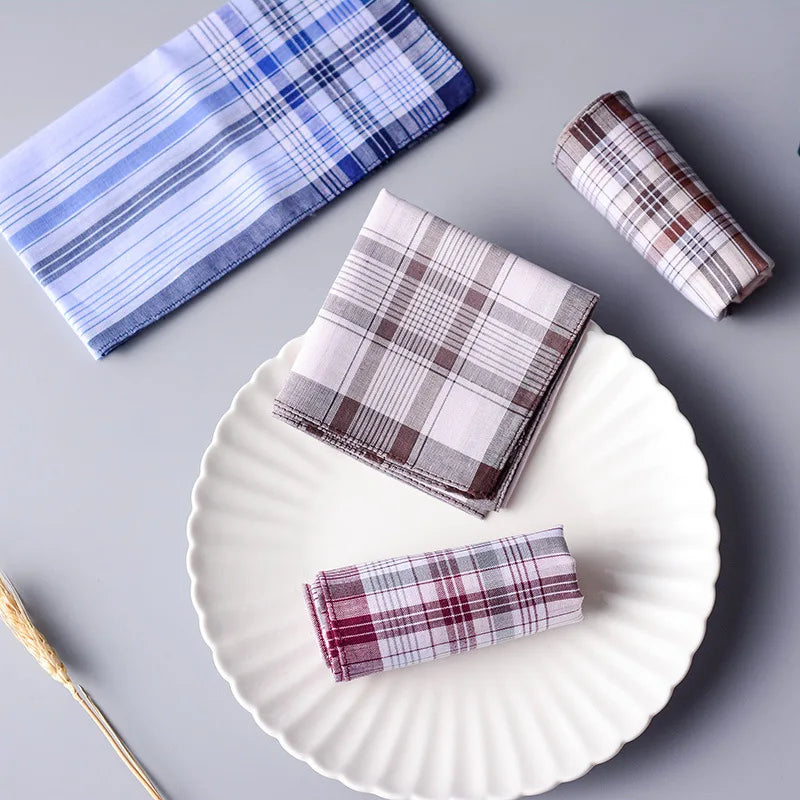 (Pack of 10) Square Plaid Stripe Pocket for Wedding Party Restaurant Women's Handkerchief Hand Towel Cotton Handkerchiefs for Men