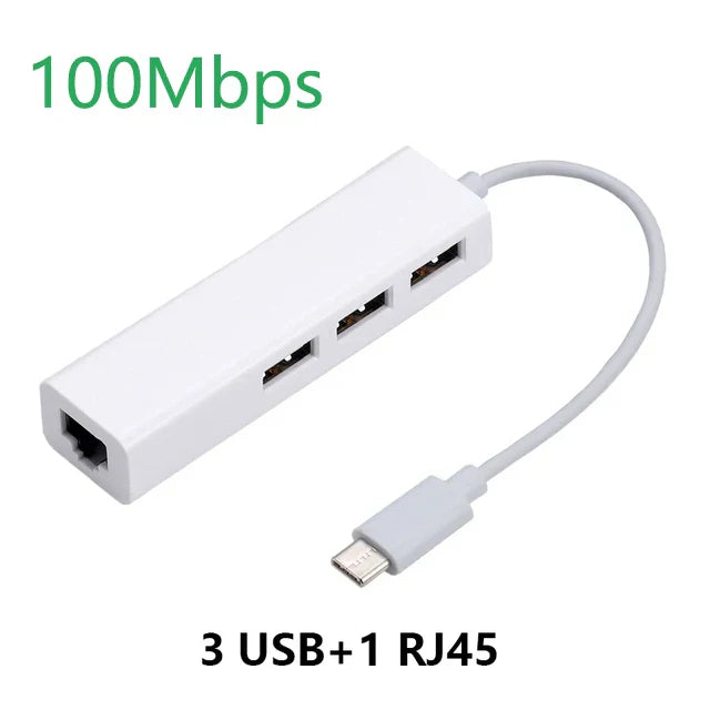 USB Ethernet with 3 Port USB HUB 2.0 RJ45 Lan Network Card USB to Ethernet Adapter for Mac iOS Android PC RTL8152 USB 2.0 HUB