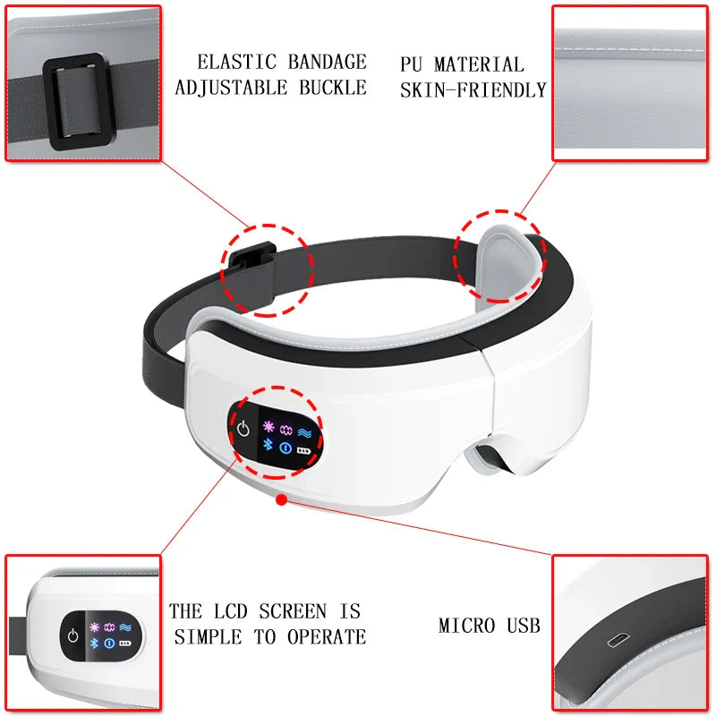Heated Eye Massager 16D Smart Airbag Vibration Eye Care Instrument With Bluetooth Eye Massage Glasses Fatigue Pouch & Wrinkle