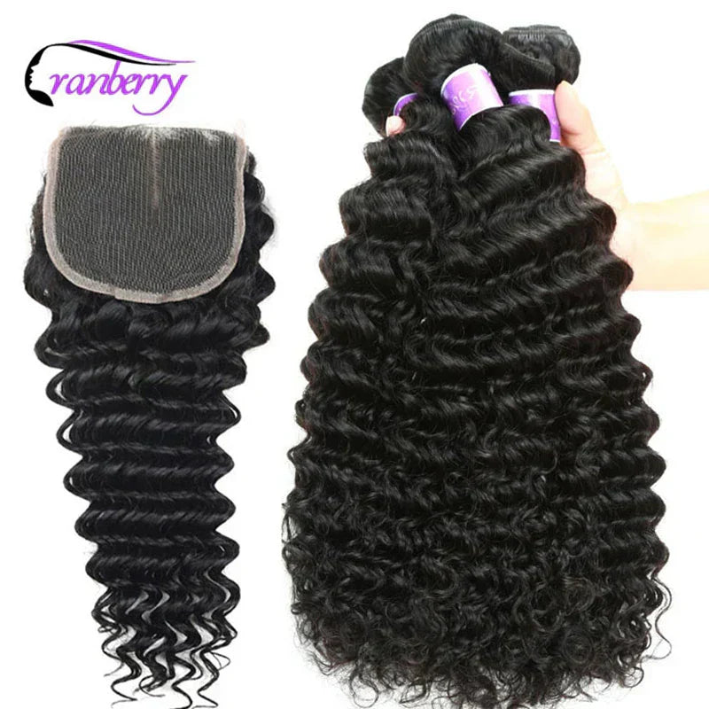 (Pack of 4) CRANBERRY Hair Deep Wave Human Hair Bundles With Closure /lot Brazilian Hair Weave Bundles With Closure Remy Hair Extension