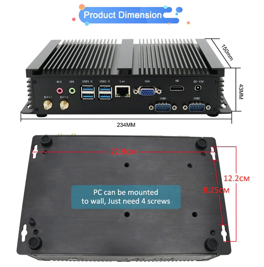 Yohirs Embedded Fanless Industrial Mini PC I5 8250U I7 8550U 2*DDR4 RAM 2*RS232 COM HDMI VGA 7*USB WiFi Barebone Computer