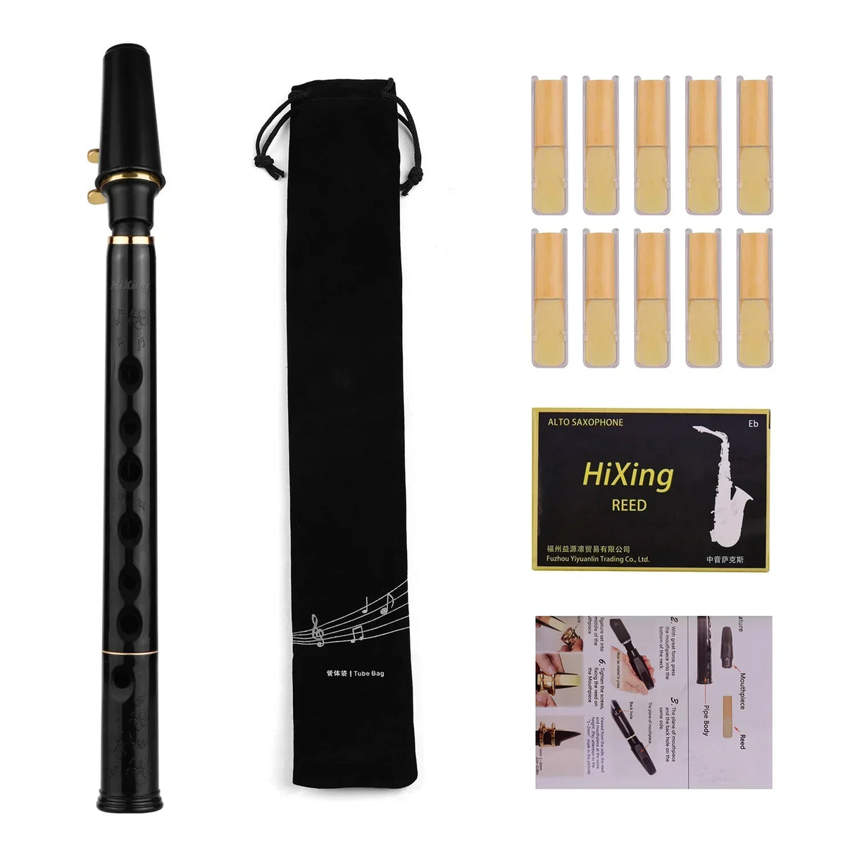 (Pack of 10) HiXing C Key Mini Pocket Saxophone Sax ABS Material Mini Sax & Mouthpieces Reeds Carrying Bag Woodwind Instrument Muslady