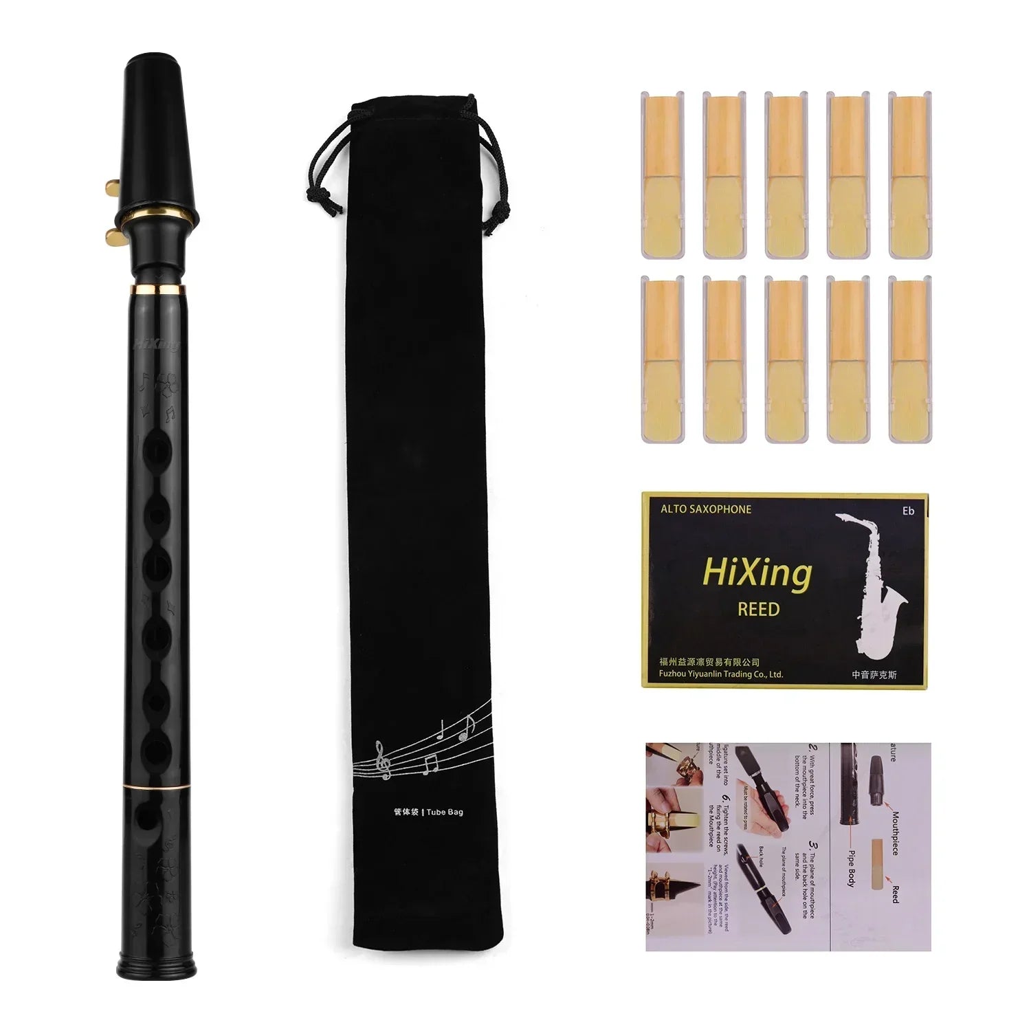 (Pack of 10) HiXing C Key Mini Pocket Saxophone Sax ABS Material Mini Sax & Mouthpieces Reeds Carrying Bag Woodwind Instrument Muslady