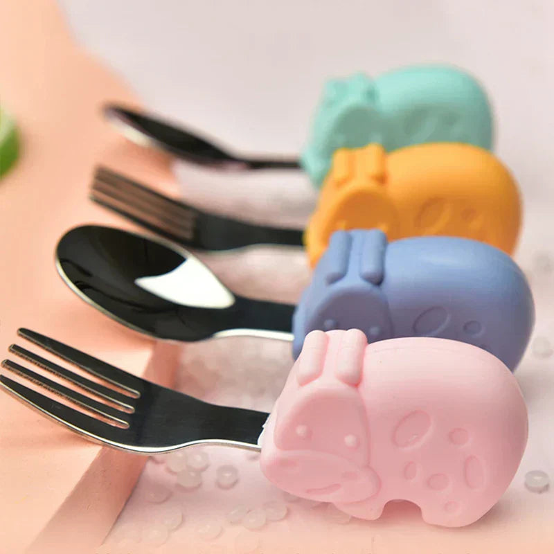 Hippo Snail Whale Silicone Baby Spoon and Fork 316 Stainless Steel Utensil Set Learn To Eat Tableware Baby Infant Food Feeding