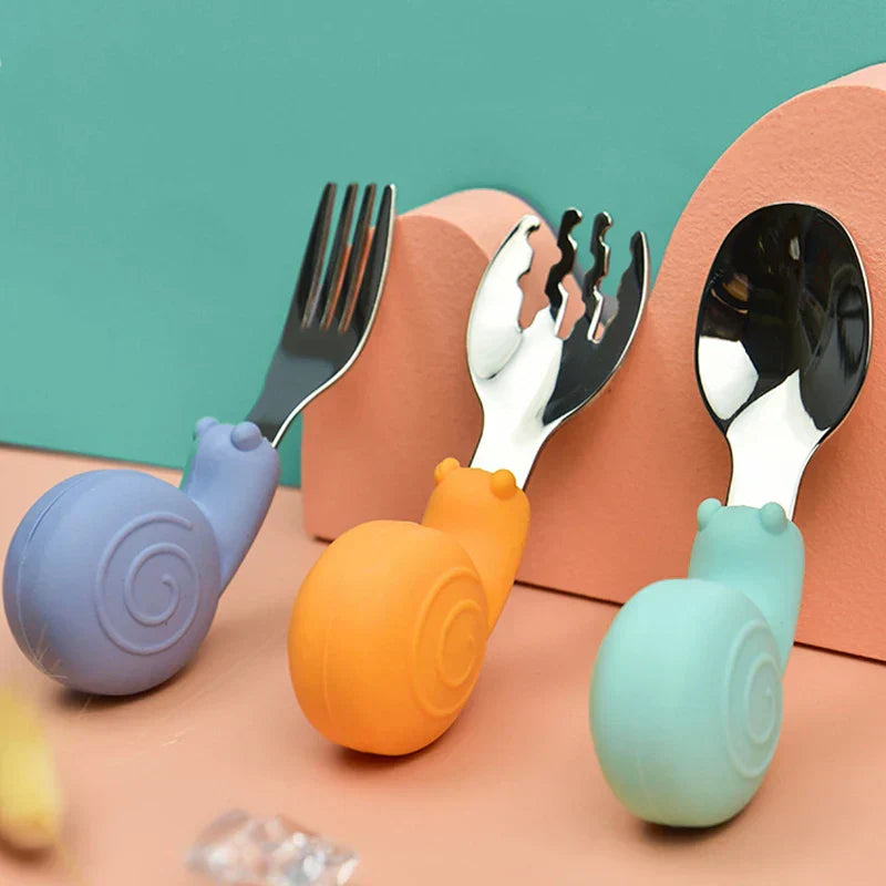 Hippo Snail Whale Silicone Baby Spoon and Fork 316 Stainless Steel Utensil Set Learn To Eat Tableware Baby Infant Food Feeding