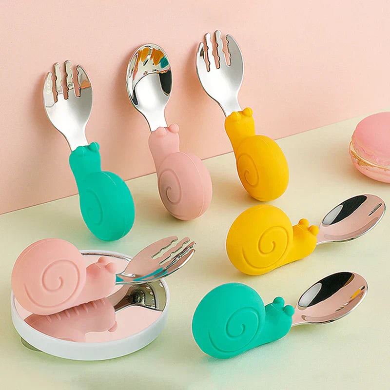 Hippo Snail Whale Silicone Baby Spoon and Fork 316 Stainless Steel Utensil Set Learn To Eat Tableware Baby Infant Food Feeding