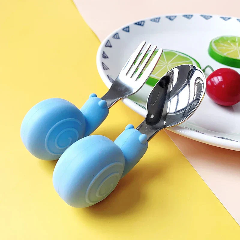Hippo Snail Whale Silicone Baby Spoon and Fork 316 Stainless Steel Utensil Set Learn To Eat Tableware Baby Infant Food Feeding
