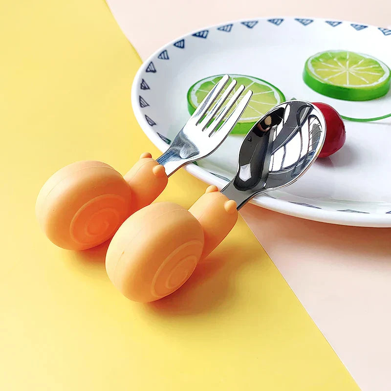 Hippo Snail Whale Silicone Baby Spoon and Fork 316 Stainless Steel Utensil Set Learn To Eat Tableware Baby Infant Food Feeding