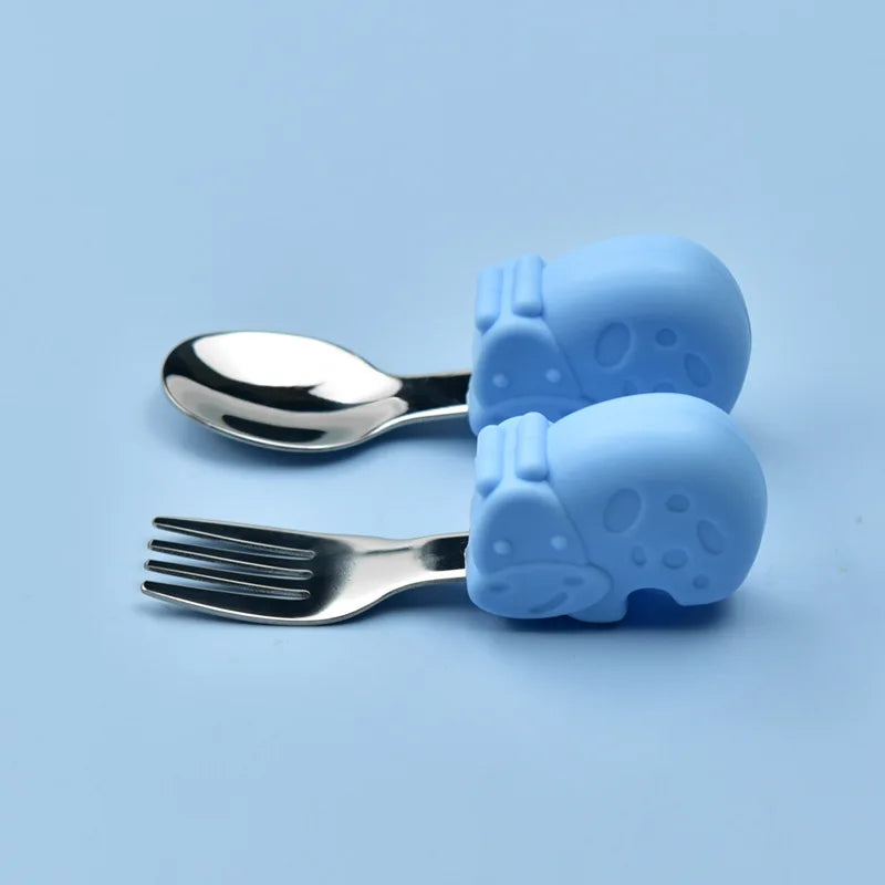 Hippo Snail Whale Silicone Baby Spoon and Fork 316 Stainless Steel Utensil Set Learn To Eat Tableware Baby Infant Food Feeding