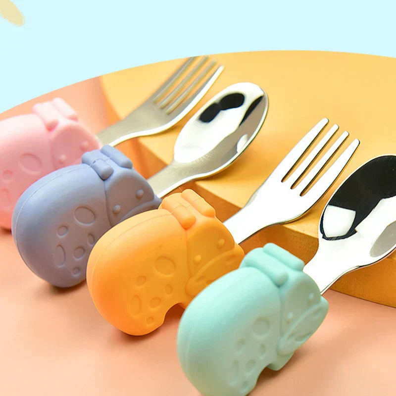 Hippo Snail Whale Silicone Baby Spoon and Fork 316 Stainless Steel Utensil Set Learn To Eat Tableware Baby Infant Food Feeding