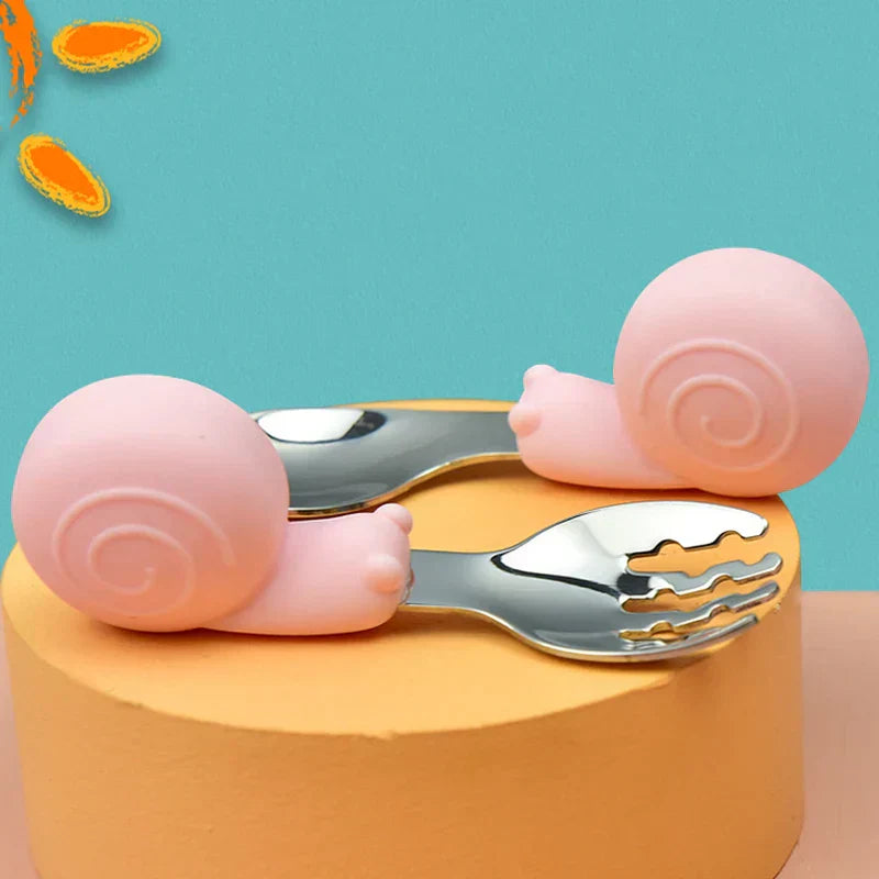 Hippo Snail Whale Silicone Baby Spoon and Fork 316 Stainless Steel Utensil Set Learn To Eat Tableware Baby Infant Food Feeding