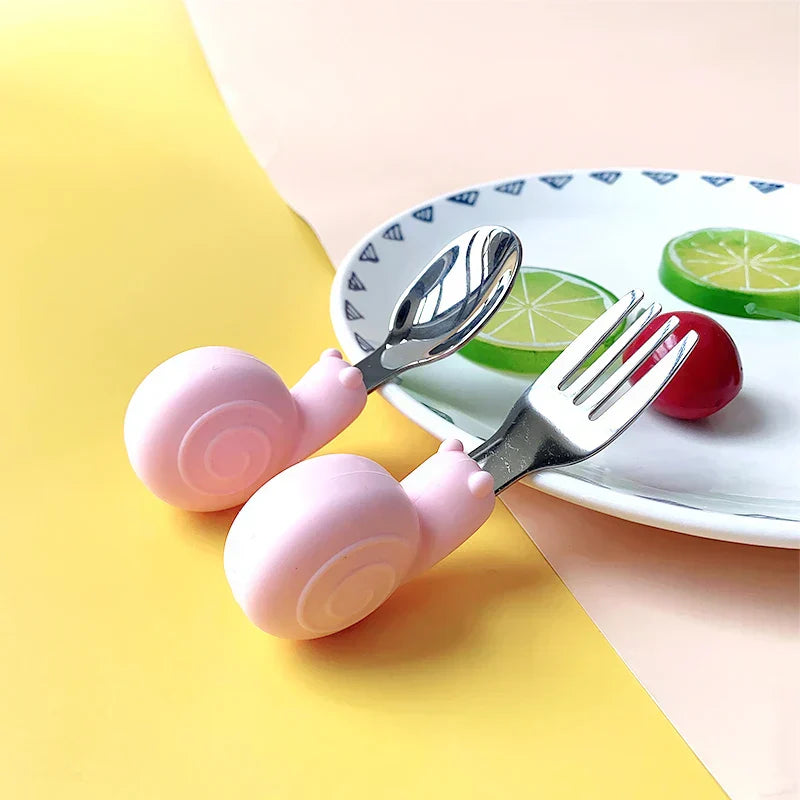 Hippo Snail Whale Silicone Baby Spoon and Fork 316 Stainless Steel Utensil Set Learn To Eat Tableware Baby Infant Food Feeding
